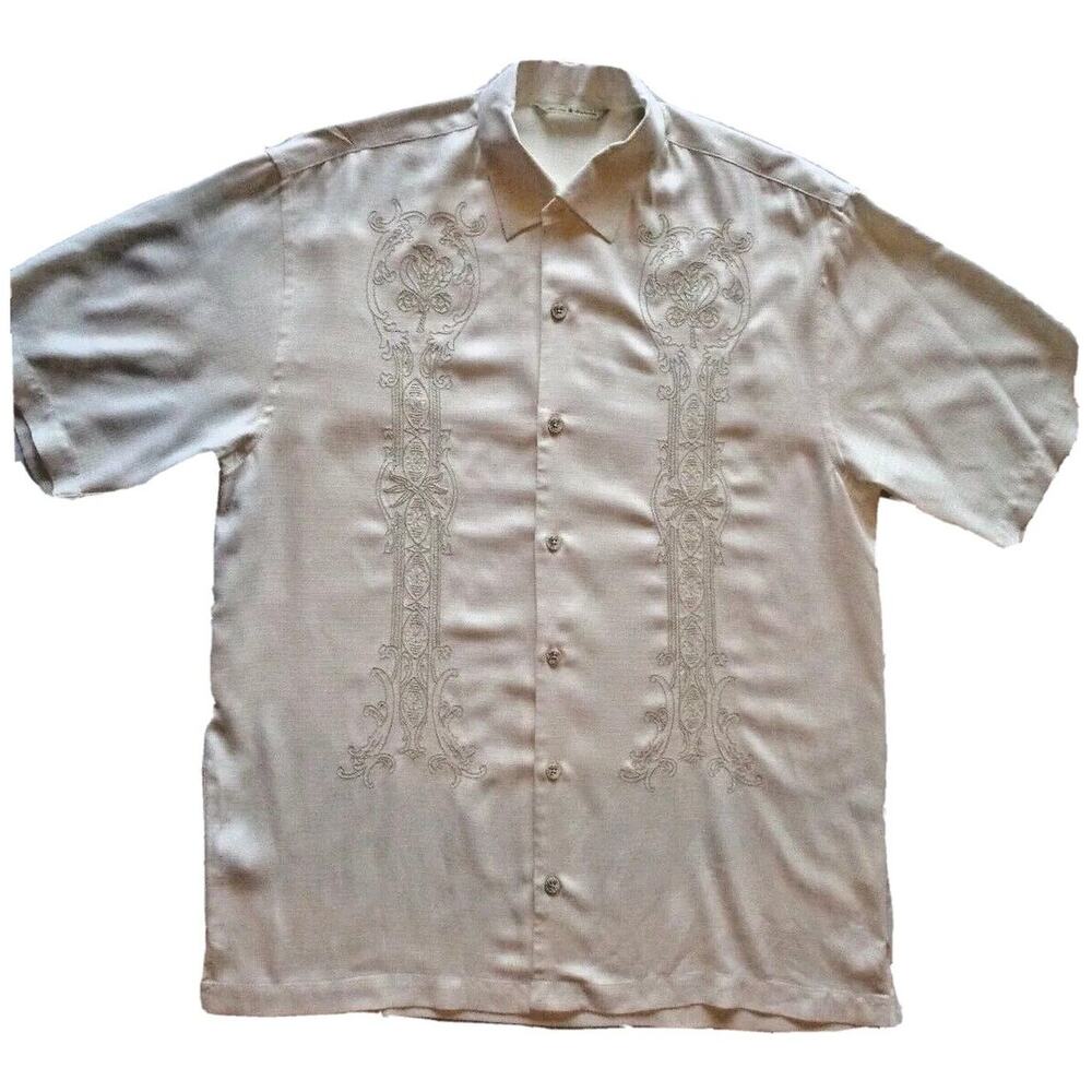 TOMMY BAHAMA Textured Hawaiian 100% silk short sleeve shirt Size MED RN 86549